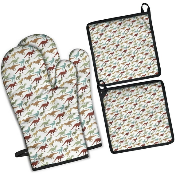 White Cartoon Colorful Dinosaurs Pattern Kitchen Oven Mitt and Pot Holder Sets 4 Pcs for Baking, Cooking and Grilling, Heat Resistant Up To 392 °F