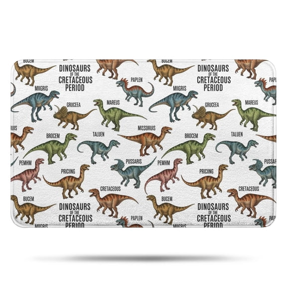 White Cartoon Cretaceous Dinosaurs Pattern Bathroom Rugs Mat,Non Slip Microfiber Bathroom Rug,Rubber Backing,Soft Bathroom Mats for Bathroom Floor,Tub and Shower,17x27in(43x68cm)