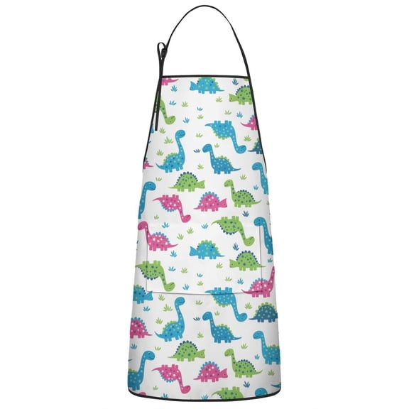 White Cartoon Dinosaurs Apron-Garden Aprons for Women with Pockets-Cotton Linen Waterproof Kitchen Cooking Gardening Aprons Adjustable for Kitchen,Cooking,BBQ and Salon 33x27 Inch