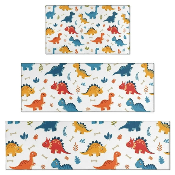 White Cartoon Dinosaurs Bones Pattern Kitchen Rugs Sets Of 3,Kitchen Runner Rugs Non Skid Washable,Decorative Kitchen Floor Mats for Kitchen,Sink,Laundry,17"x30"+ 17"x47" + 17"x59"