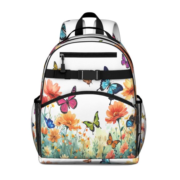 White Butterfly Flower Field Pattern Backpack for School,Cute School Bag,Schoolbag with Adjustable Shoulder Straps & Padded Back,15.25"x11.5"x5.25"