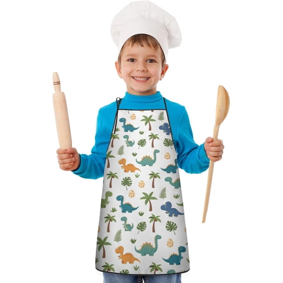 White Cartoon Dinosaurs Eggs Pattern Kids Aprons for Girls and Boys,Adjustable Neck Strap Toddler Aprons for Kids Cooking Baking
