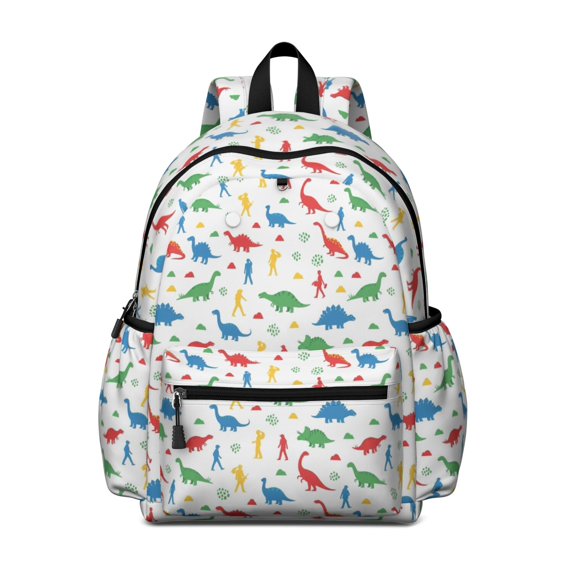 White Cartoon Dinosaurs Figures Pattern Cute School Backpack with Padded Back and Adjustable Shoulder Straps 13.4"x11"x4.7"