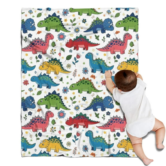 White Cartoon Dinosaurs Flowers Pattern Blanket,Comfortable Soft Flannel Throw Blanket,All Season,Warm Lightweight Blankets for Sofa Bed Couch Living Room Chair,30"x40"