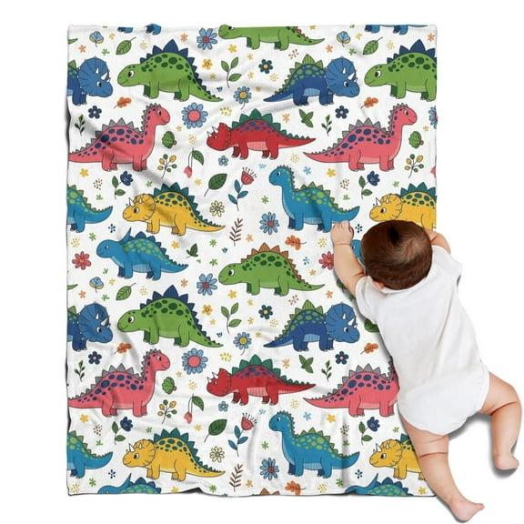 White Cartoon Dinosaurs Flowers Pattern Blanket,Comfortable Soft Flannel Throw Blanket,All Season,Warm Lightweight Blankets for Sofa Bed Couch Living Room Chair,30"x40"