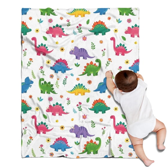 White Cartoon Dinosaurs Flowers Pattern Blanket,Comfortable Soft Flannel Throw Blanket,All Season,Warm Lightweight Blankets for Sofa Bed Couch Living Room Chair,30"x40"