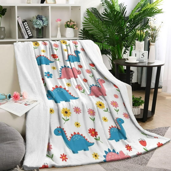 White Cartoon Dinosaurs Flowers Pattern Blanket,Comfortable Soft Lamb Wool Throw Blanket,All Season,Warm Lightweight Blankets for Sofa Bed Couch Living Room Chair,60"x80"