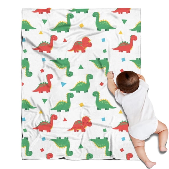 White Cartoon Dinosaurs Geometric Shapes Pattern Blanket,Comfortable Soft Flannel Throw Blanket,All Season,Warm Lightweight Blankets for Sofa Bed Couch Living Room Chair,30"x40"