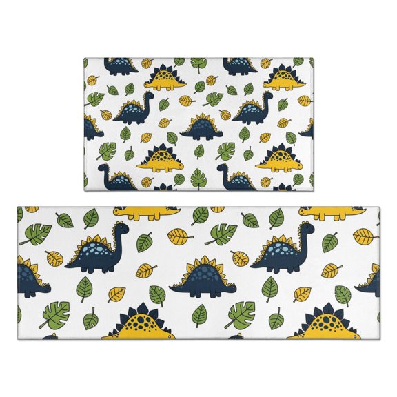 White Cartoon Dinosaurs Green Yellow Leaves Pattern Kitchen Rugs Sets Of 2,Anti Fatigue Kitchen Mat Rugs Non Slip Washable,Decorative Kitchen Floor Mats for Kitchen,Sink,Laundry,17"x30"+17"x47"
