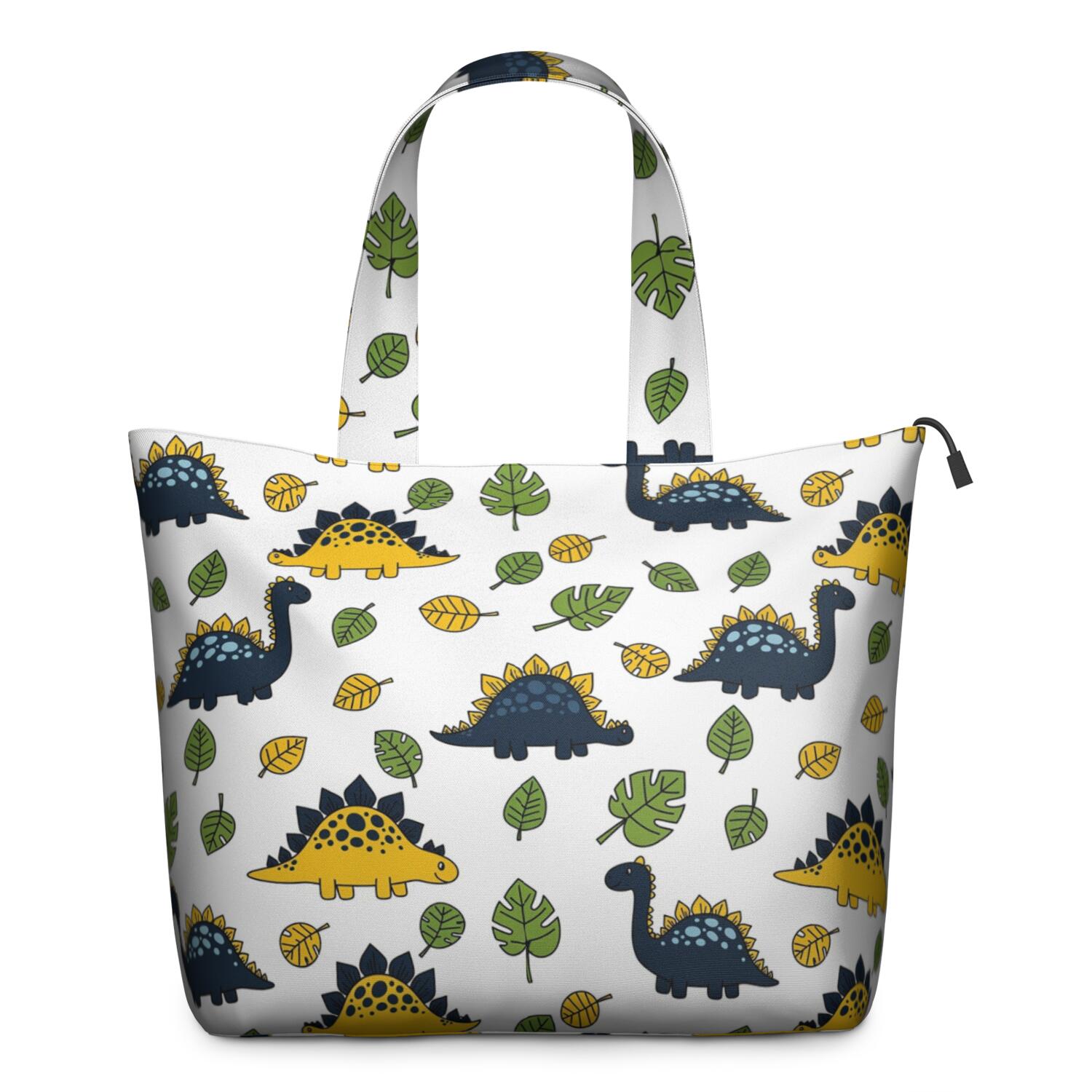 White Cartoon Dinosaurs Green Yellow Leaves Pattern Travel Tote Bags for Women Carry On,Large Weekender Bags for Women Travel,Multi Functional Duffle Bag for Work,Shopping,Sports