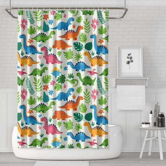 White Cartoon Dinosaurs Jungle Pattern Shower Curtain 72"x72" ,Bathroom Decorative Shower Curtains Set with 12 Hooks,Modern Waterproof Washable Shower Curtain