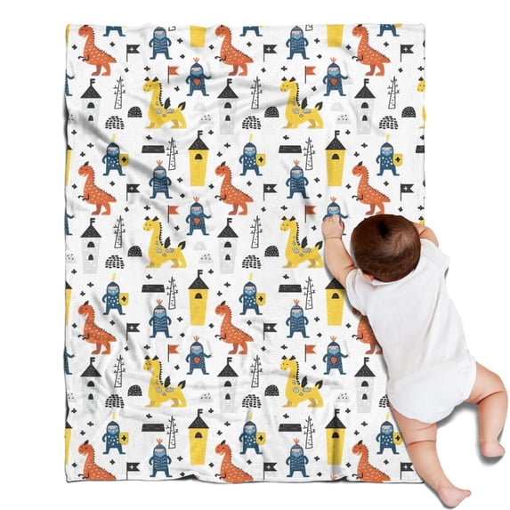 White Cartoon Dinosaurs Knights Pattern Blanket,Comfortable Soft Flannel Throw Blanket,All Season,Warm Lightweight Blankets for Sofa Bed Couch Living Room Chair,30"x40"