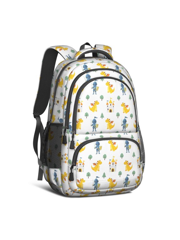 White Cartoon Dinosaurs Knights Pattern Cute School Backpack Bag with Padded Back and Adjustable Shoulder Straps 16.9 X 12.6 X 5.9 Inches