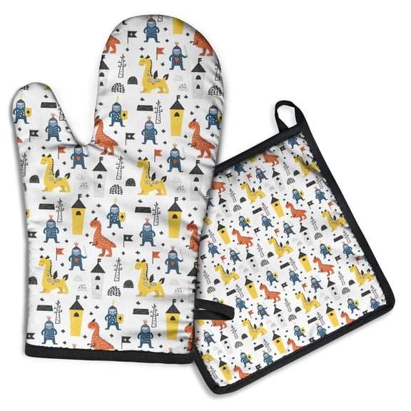 White Cartoon Dinosaurs Knights Pattern Kitchen Oven Mitt and Pot Holder Sets 2 Pcs for Baking, Cooking and Grilling, Heat Resistant Up To 392 °F