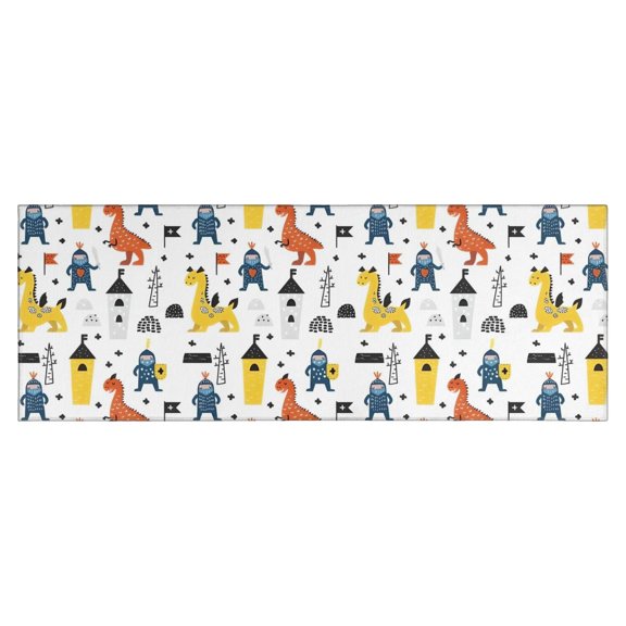 White Cartoon Dinosaurs Knights Pattern Kitchen Rug Mat,Kitchen Runner Rugs Non Skid Washable,Decorative Kitchen Floor Mats for Kitchen,Sink,Laundry,17"X47"