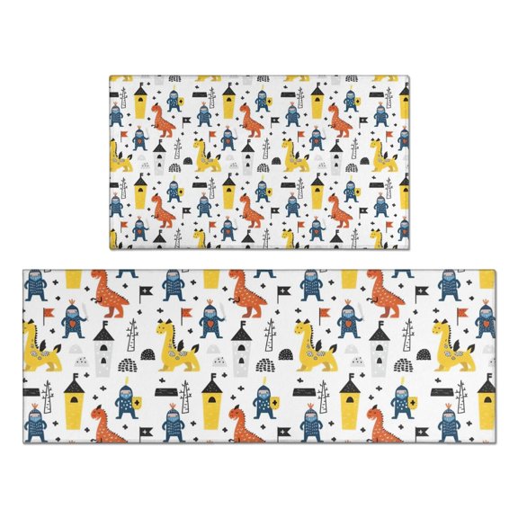 White Cartoon Dinosaurs Knights Pattern Kitchen Rugs Sets Of 2,Anti Fatigue Kitchen Mat Rugs Non Slip Washable,Decorative Kitchen Floor Mats for Kitchen,Sink,Laundry,17"x30"+17"x47"