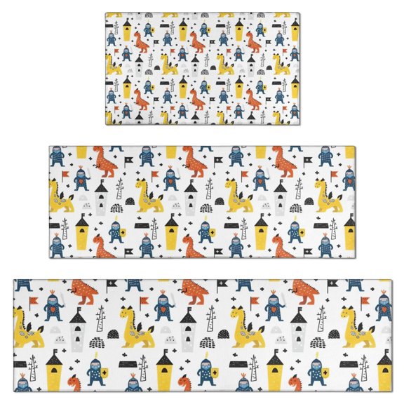 White Cartoon Dinosaurs Knights Pattern Kitchen Rugs Sets Of 3,Kitchen Runner Rugs Non Skid Washable,Decorative Kitchen Floor Mats for Kitchen,Sink,Laundry,17"x30"+ 17"x47" + 17"x59"