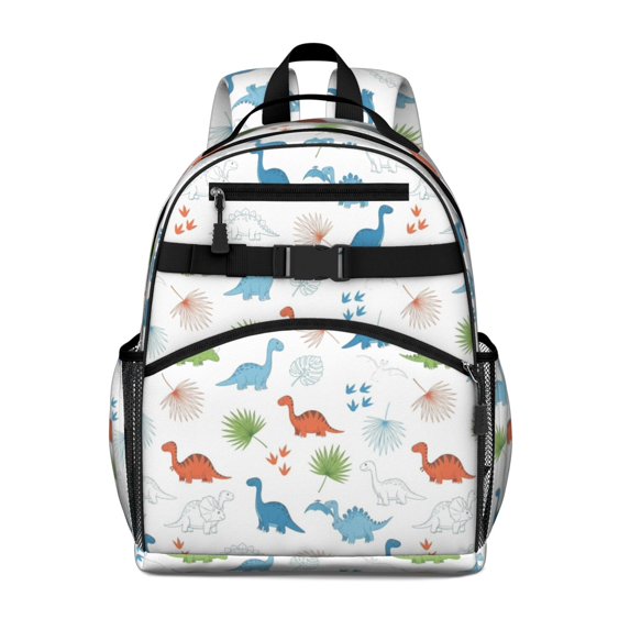 White Cartoon Dinosaurs Leaves Footprints Cute School Backpack Bag for School with Padded Back and Adjustable Shoulder Straps 15.25"x11.5"x5.25"