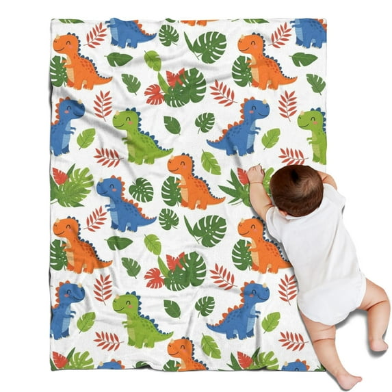 White Cartoon Dinosaurs Leaves Pattern Blanket,Comfortable Soft Flannel Throw Blanket,All Season,Warm Lightweight Blankets for Sofa Bed Couch Living Room Chair,30"x40"