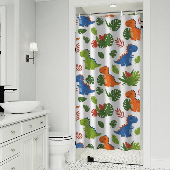 White Cartoon Dinosaurs Leaves Pattern Shower Curtain 36"x72" ,Bathroom Decorative Shower Curtains Set with 12 Hooks,Modern Waterproof Washable Shower Curtain