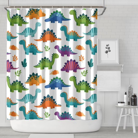 White Cartoon Dinosaurs Leaves Pattern Shower Curtain 84"x72" ,Bathroom Decorative Shower Curtains Set with 12 Hooks,Modern Waterproof Washable Shower Curtain