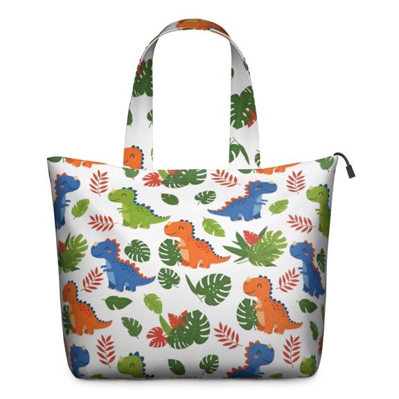 White Cartoon Dinosaurs Leaves Pattern Travel Tote Bags for Women Carry On,Large Weekender Bags for Women Travel,Multi Functional Duffle Bag for Work,Shopping,Sports