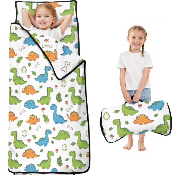 White Cartoon Dinosaurs Mushrooms Pattern Teens Toddler Nap Mat with Pillow, Sleeping Mat Bag for Preschool Daycare 60"x20"