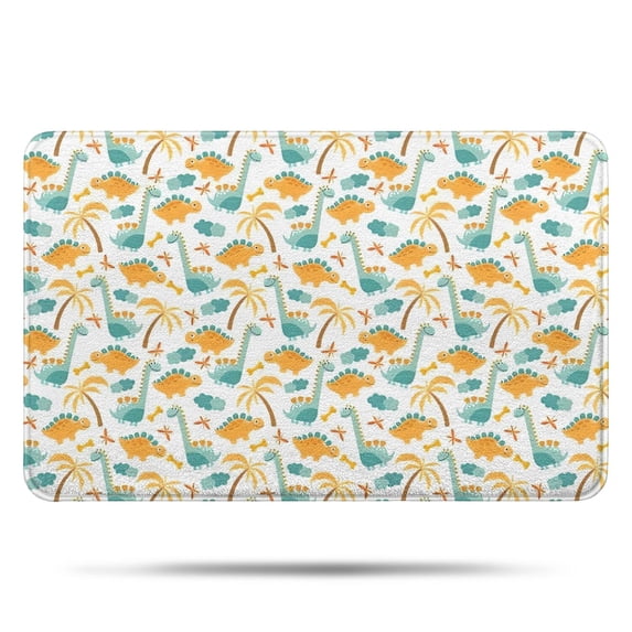 White Cartoon Dinosaurs Palm Trees Pattern Bathroom Rugs Mat,Non Slip Microfiber Bathroom Rug,Rubber Backing,Soft Bathroom Mats for Bathroom Floor,Tub and Shower,17x27in(43x68cm)