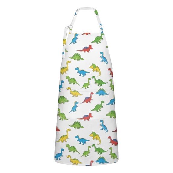 White Cartoon Dinosaurs Pattern Apron-Garden Aprons for Women with Pockets-Cotton Linen Waterproof Kitchen Cooking Gardening Aprons Adjustable for Kitchen,Cooking,BBQ and Salon 33x27 Inch