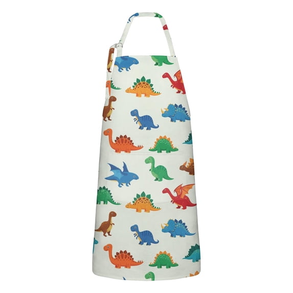 White Cartoon Dinosaurs Pattern Apron-Garden Aprons for Women with Pockets-Cotton Linen Waterproof Kitchen Cooking Gardening Aprons Adjustable for Kitchen,Cooking,BBQ and Salon 33x27 Inch