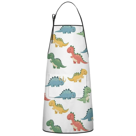 White Cartoon Dinosaurs Pattern Apron-Garden Aprons for Women with Pockets-Cotton Linen Waterproof Kitchen Cooking Gardening Aprons Adjustable for Kitchen,Cooking,BBQ and Salon 33x27 Inch