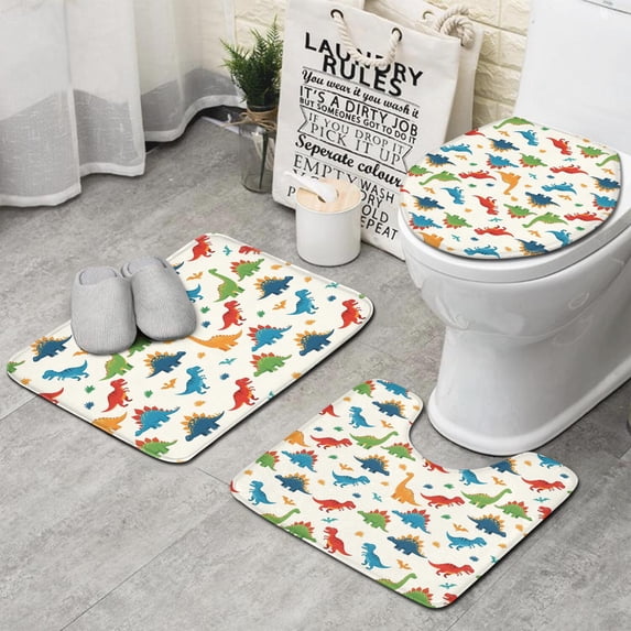 White Cartoon Dinosaurs Pattern Bathroom Rugs Sets 3 Piece,Toilet Cover Set,Absorbent Non Slip Bathroom Mats Sets with U-Shaped Contour Rug Toilet Rug Set