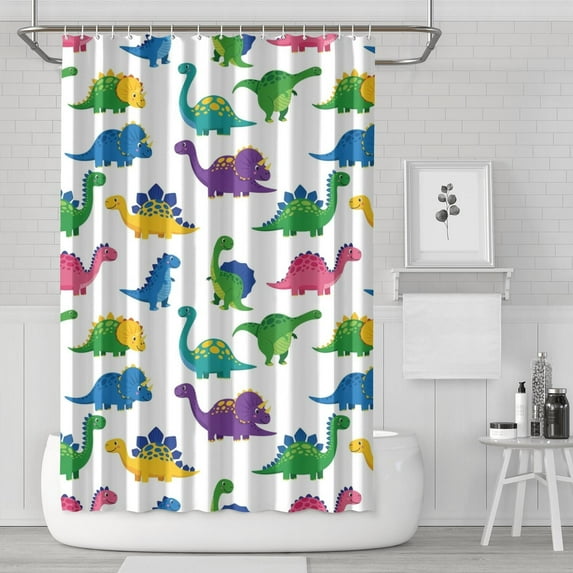 White Cartoon Dinosaurs Pattern Shower Curtain 72"x72" ,Bathroom Decorative Shower Curtains Set with 12 Hooks,Modern Waterproof Washable Shower Curtain