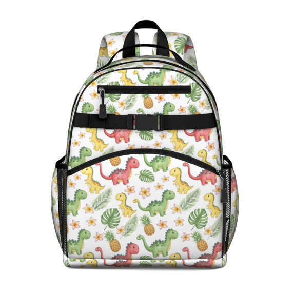 White Cartoon Dinosaurs Pineapples Pattern Cute School Backpack Bag for School with Padded Back and Adjustable Shoulder Straps 15.25"x11.5"x5.25"