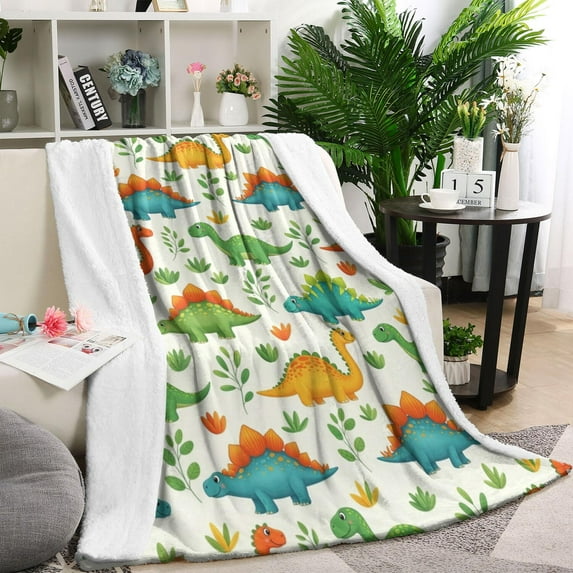 White Cartoon Dinosaurs Plants Pattern Blanket,Comfortable Soft Lamb Wool Throw Blanket,All Season,Warm Lightweight Blankets for Sofa Bed Couch Living Room Chair,60"x80"