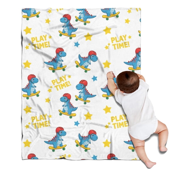 White Cartoon Dinosaurs Skateboards Pattern Blanket,Comfortable Soft Flannel Throw Blanket,All Season,Warm Lightweight Blankets for Sofa Bed Couch Living Room Chair,30"x40"