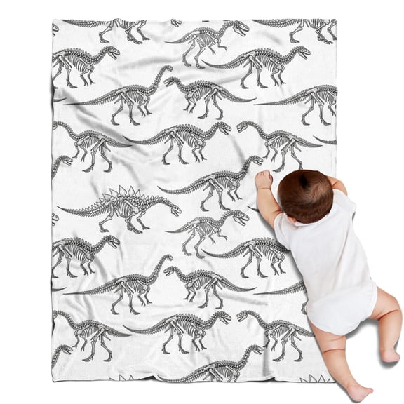 White Cartoon Dinosaurs Skeletons Pattern Blanket,Comfortable Soft Flannel Throw Blanket,All Season,Warm Lightweight Blankets for Sofa Bed Couch Living Room Chair,30"x40"