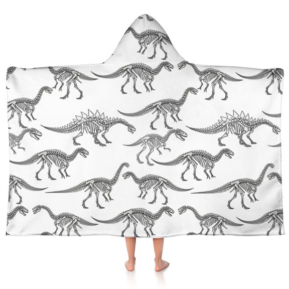 White Cartoon Dinosaurs Skeletons Pattern Hooded Bath Towel,50"x30" for Ages 3 To 12 Kids, Quick Dry Lightweight Soft Microfiber Hood Beach Towel Cover Up for Kids