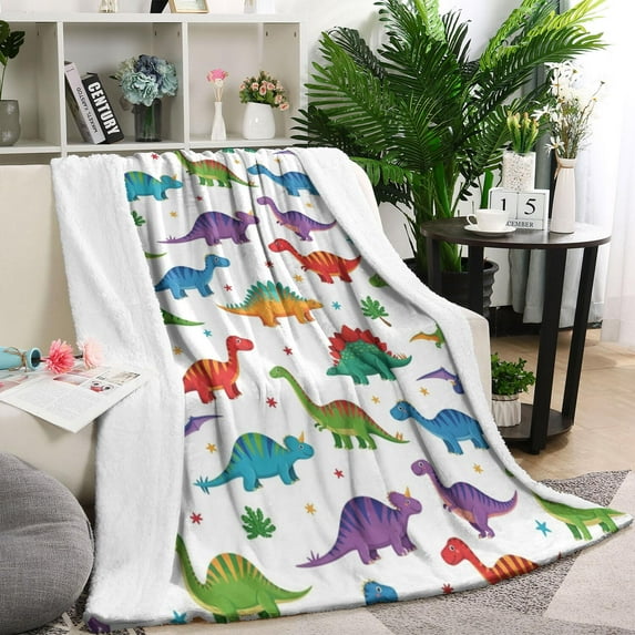 White Cartoon Dinosaurs Stars Pattern Blanket,Comfortable Soft Flannel Throw Blanket,All Season,Warm Lightweight Blankets for Sofa Bed Couch Living Room Chair,60"x80"