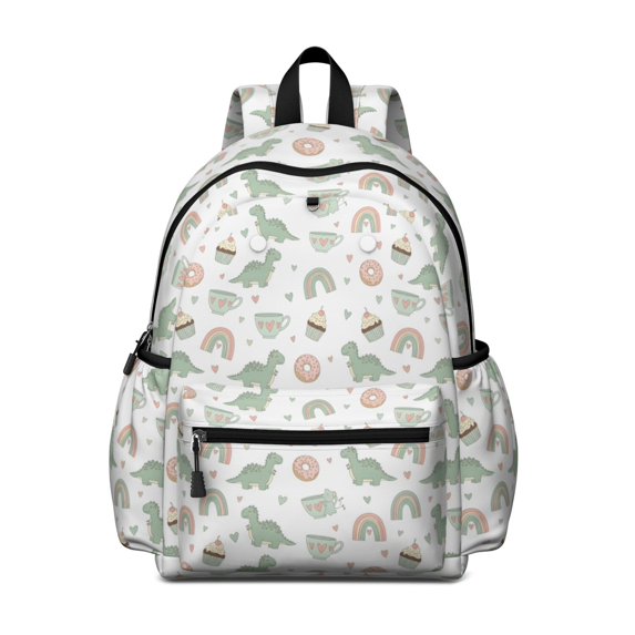 White Cartoon Dinosaurs Sweets Rainbows Cute School Backpack with Padded Back and Adjustable Shoulder Straps 13.4"x11"x4.7"