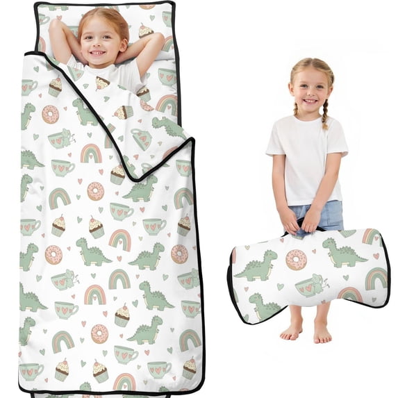 White Cartoon Dinosaurs Sweets Rainbows Teens Toddler Nap Mat with Pillow, Sleeping Mat Bag for Preschool Daycare 59"x22"