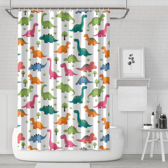 White Cartoon Dinosaurs Trees Pattern Shower Curtain 72"x72" ,Bathroom Decorative Shower Curtains Set with 12 Hooks,Modern Waterproof Washable Shower Curtain