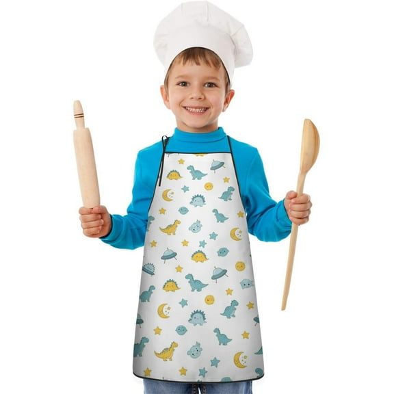 White Cartoon Dinosaurs UFOs Stars Pattern Kids Aprons for Girls and Boys,Adjustable Neck Strap Toddler Aprons for Kids Cooking Baking