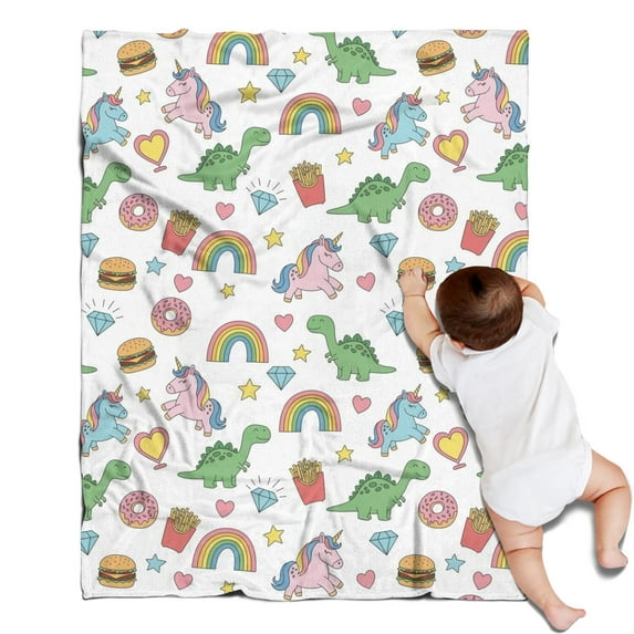 White Cartoon Dinosaurs Unicorns Pattern Blanket,Comfortable Soft Flannel Throw Blanket,All Season,Warm Lightweight Blankets for Sofa Bed Couch Living Room Chair,30"x40"