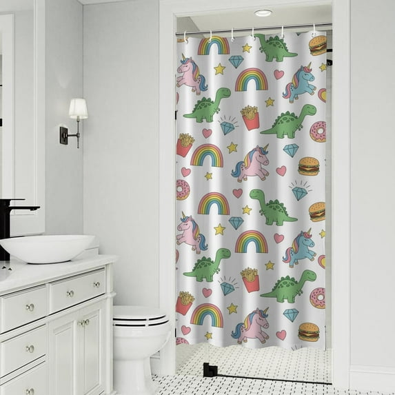 White Cartoon Dinosaurs Unicorns Pattern Shower Curtain 36"x72" ,Bathroom Decorative Shower Curtains Set with 12 Hooks,Modern Waterproof Washable Shower Curtain