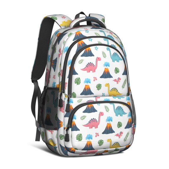 White Cartoon Dinosaurs Volcanoes Pattern Cute School Backpack Bag with Padded Back and Adjustable Shoulder Straps 16.9 X 12.6 X 5.9 Inches