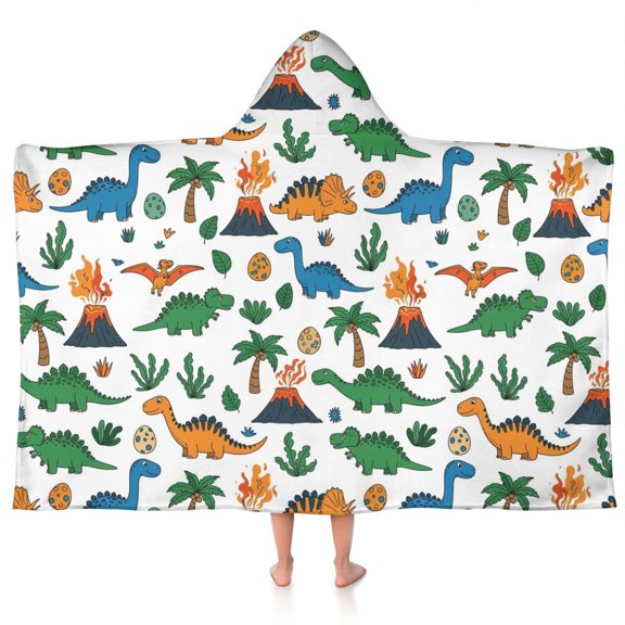 White Cartoon Dinosaurs Volcanoes Pattern Hooded Bath Towel,50"x30" for Ages 3 To 12 Kids, Quick Dry Lightweight Soft Microfiber Hood Beach Towel Cover Up for Kids