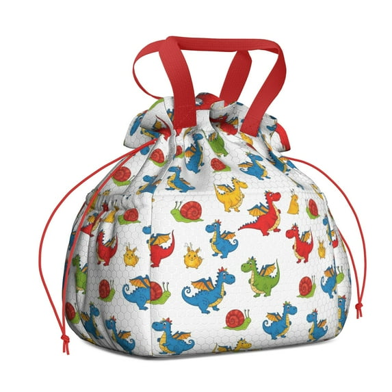 White Cartoon Dragons Snails Pattern Drawstring Lunch Bag Women - Drawstring Lunch Bag Insulated for Work Office - Stain-Resistant Large Lunchbags for Women with Multi-Pockets