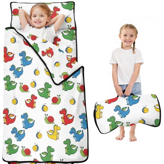 White Cartoon Dragons Snails Pattern Teens Toddler Nap Mat with Pillow, Sleeping Mat Bag for Preschool Daycare 50"x20"