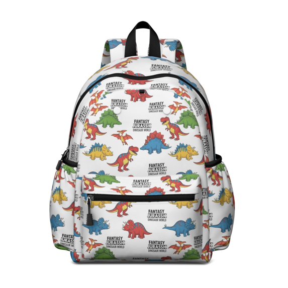 White Cartoon Fantasy Dinosaurs Pattern Cute School Backpack with Padded Back and Adjustable Shoulder Straps 13.4"x11"x4.7"